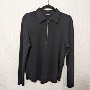 Olsen Black Zip-Front Cotton Long Sleeve Top Collared Size M-L 12 Elevated Basic